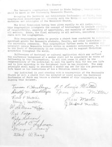 Photograph of original University Mennonite Church charter document